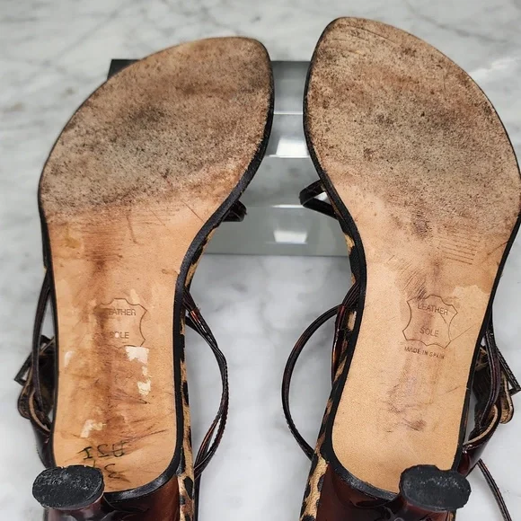 Stuart Weitzman Kitten Heel Sandals Strappy Thong Animal Print Brown Slingback 9 - Picture 15 of 15